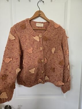 Pink House Original JAPANESE Rose-Appliqué Peachy Pink Knit Cardigan